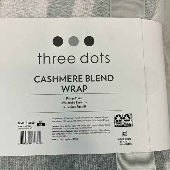 Three Dots Cashmere Blend Wrap Fringed Louisa Plaid Gray Tan White One-Size NWT - Picture 3 of 4